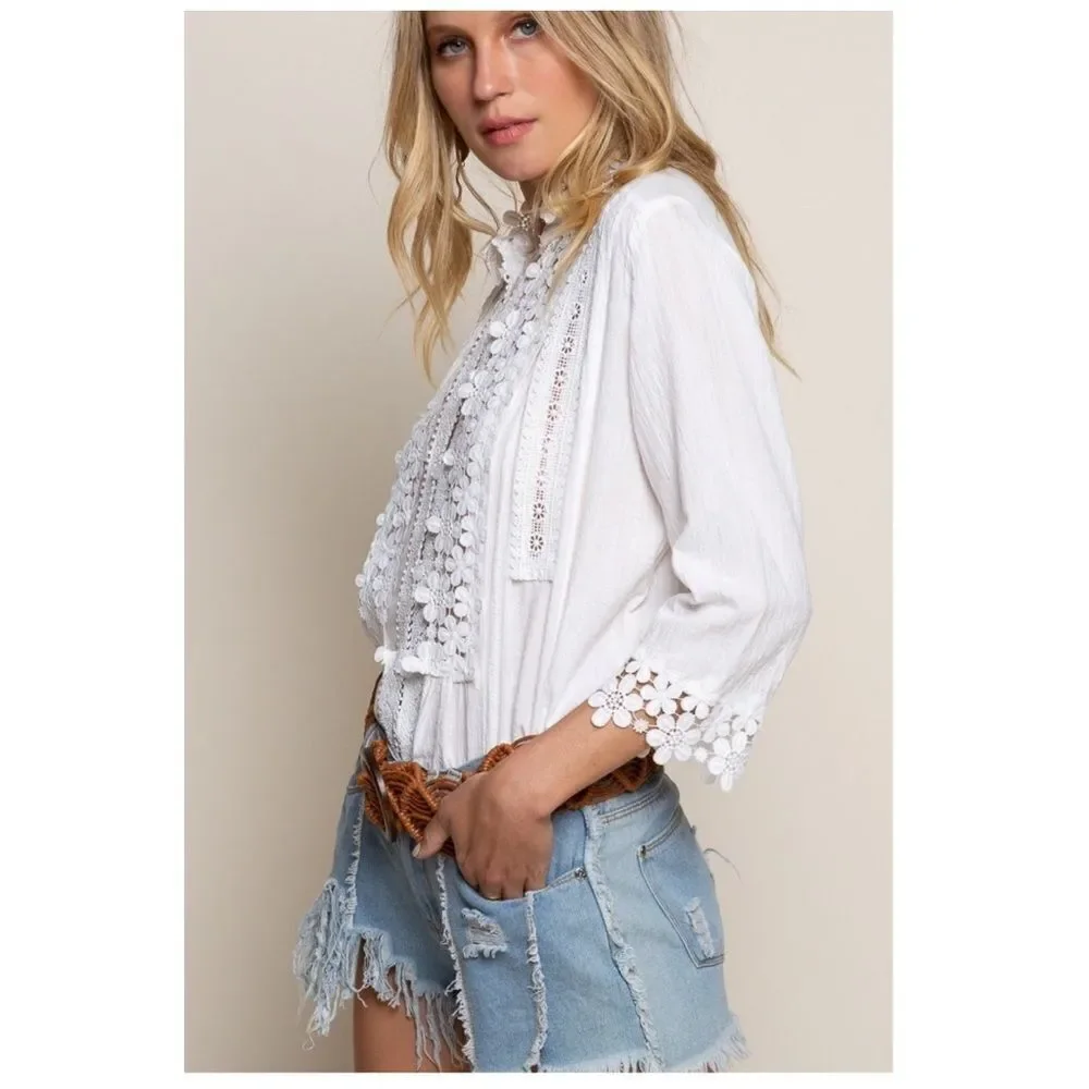 IVORY Floral Lace Mock Neck Blouse Flared Sleeves - Picture 8 of 14